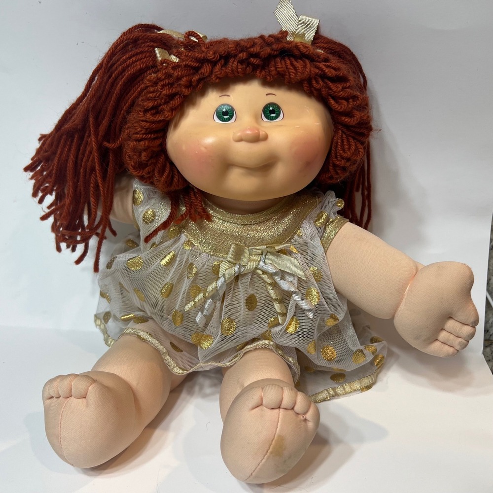 Cabbage Patch Kids Doll Red Yarn Hair Green Eyes Gold Polka Dot Dress signed